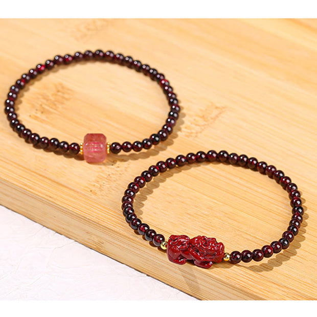 Buddha Stones Garnet Cinnabar PiXiu Strawberry Quartz Square Bead Protection Bracelet Bracelet BS 16