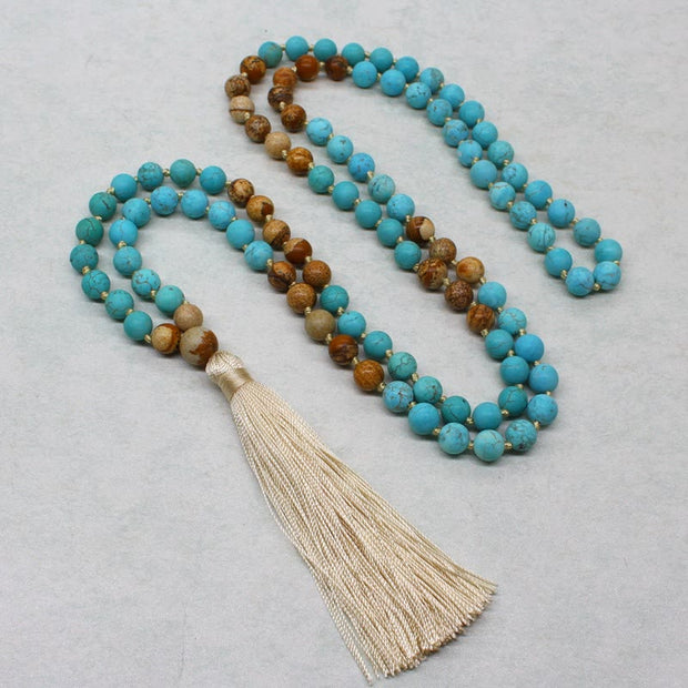 Buddha Stones 108 Mala Beads Turquoise Picture Jasper Bead Tassel Balance Bracelet