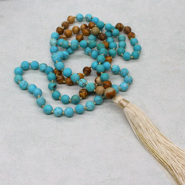 Buddha Stones 108 Mala Beads Turquoise Picture Jasper Bead Tassel Balance Bracelet