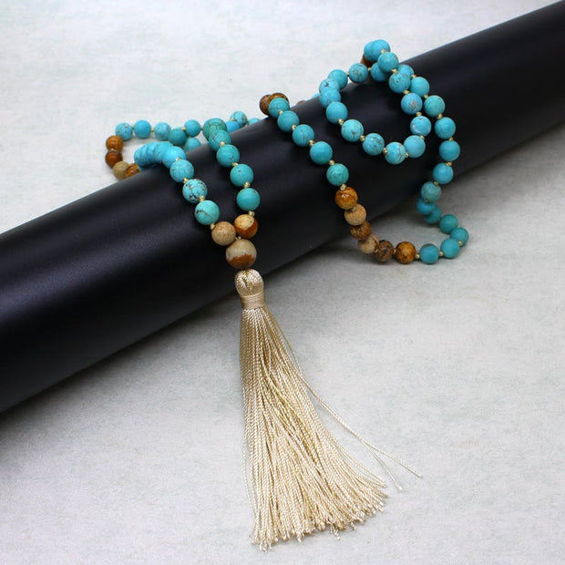 Buddha Stones 108 Mala Beads Turquoise Picture Jasper Bead Tassel Balance Bracelet