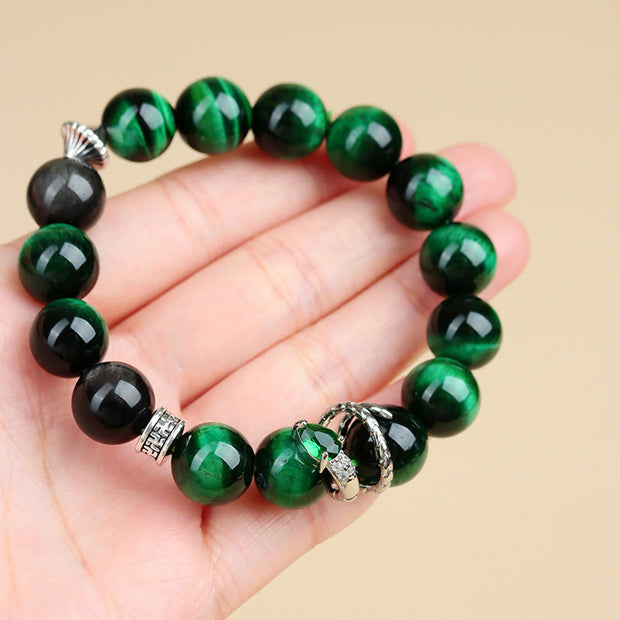 Buddha Stones Green Tiger Eye Silver Sheen Obsidian Year of the Snake Strength Bracelet Bracelet BS 7