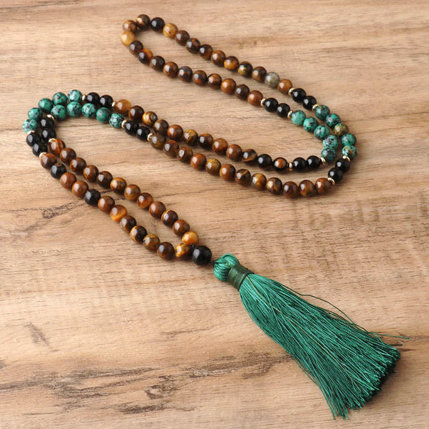 Buddha Stones 108 Mala Natural Stone Tiger Eye Amazonite Beads Tassel Protection Bracelet