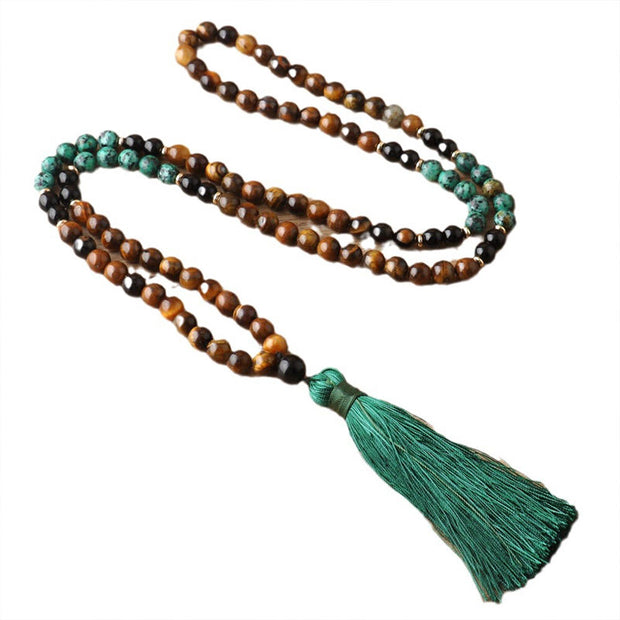 Buddha Stones 108 Mala Natural Stone Tiger Eye Turquoise  Beads Tassel Protection Bracelet