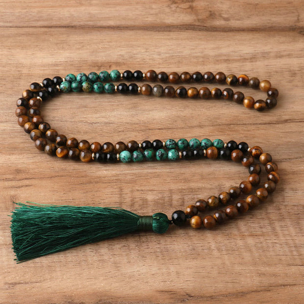 Buddha Stones 108 Mala Natural Stone Tiger Eye Turquoise  Beads Tassel Protection Bracelet