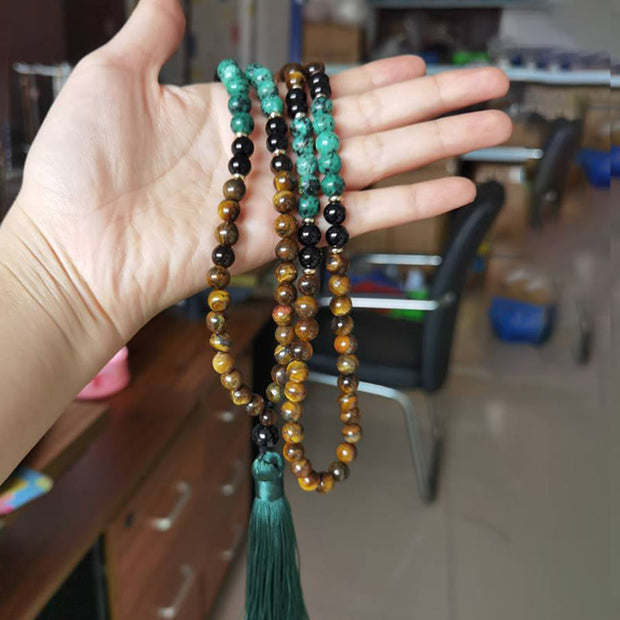 Buddha Stones 108 Mala Natural Stone Tiger Eye Amazonite Beads Tassel Protection Bracelet