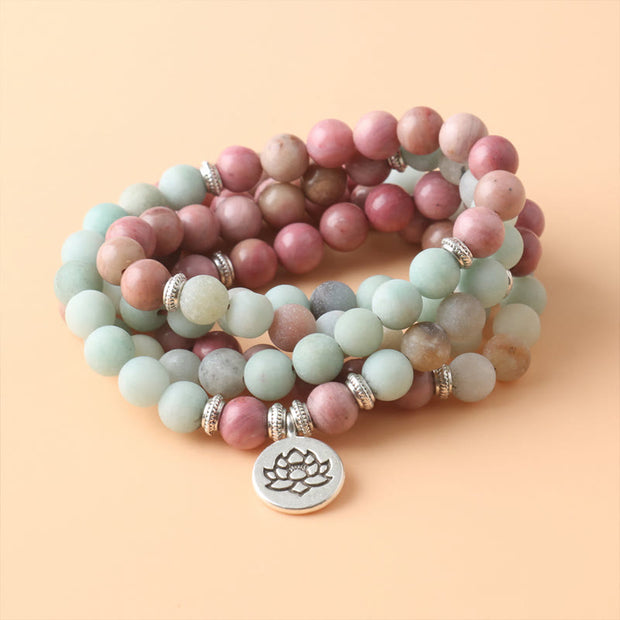 Buddha Stones 108 Mala Rhodonite Amazonite Beads Lotus Compassion Bracelet