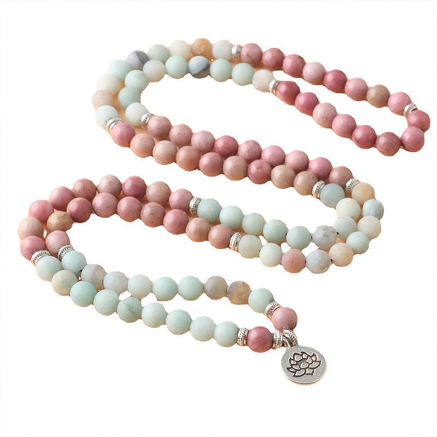 Buddha Stones 108 Mala Rhodonite Amazonite Beads Lotus Compassion Bracelet