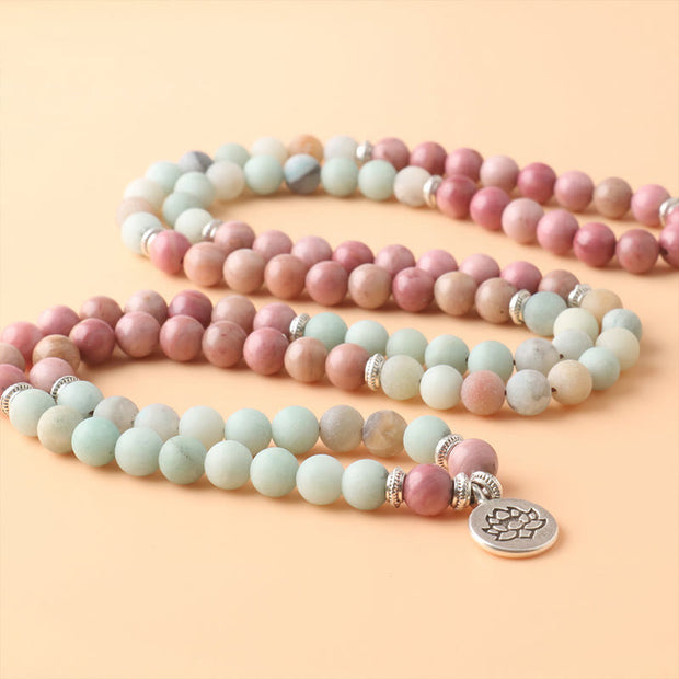 Buddha Stones 108 Mala Rhodonite Amazonite Beads Lotus Compassion Bracelet