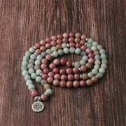 Buddha Stones 108 Mala Rhodonite Amazonite Beads Lotus Compassion Bracelet