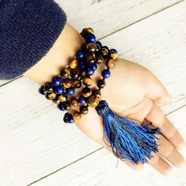 Buddha Stones 108 Beads Natural Stone Blue Tiger Eye Mala Tassel Protection Bracelet