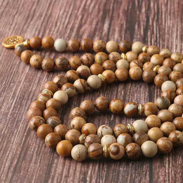 Buddha Stones 108 Beads Picture Jasper Mala Lotus Courage Bracelet