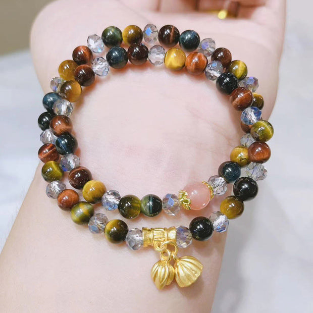 Buddha Stones Colorful Tiger Eye Lotus Multi-circle Elastic Rope Protection Bracelet