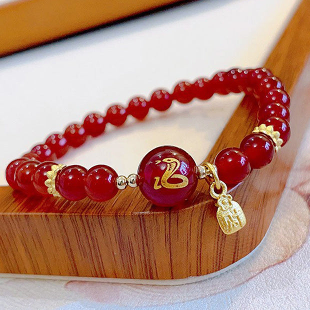 Buddha Stones Red Agate Gold Plated Copper Year Of The Snake Happiness Bracelet Bracelet BS 9