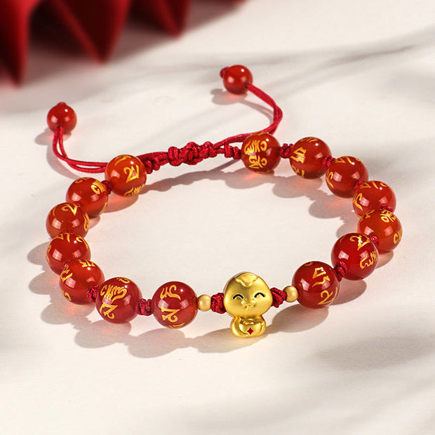 Buddha Stones Red Agate Black Onyx Bead Copper Year Of The Snake Fu Character Sanskrit Happiness Bracelet