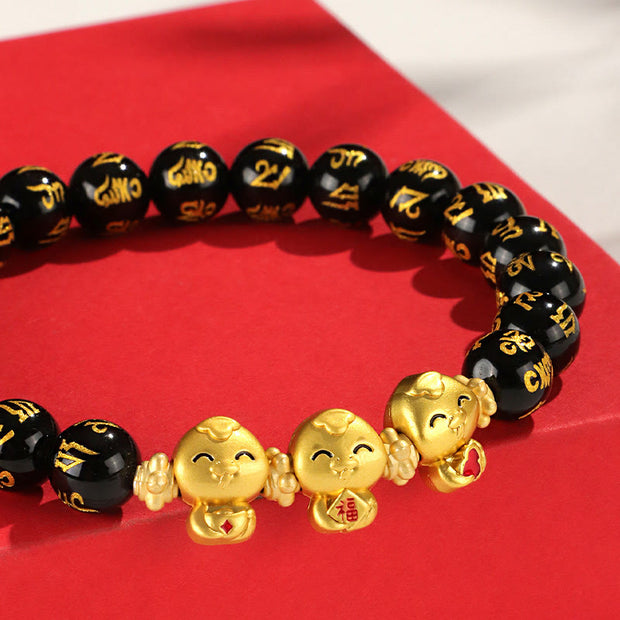 Buddha Stones Red Agate Black Onyx Bead Copper Year Of The Snake Fu Character Sanskrit Happiness Bracelet