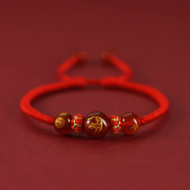 Buddha Stones Handmade Red Agate Chinese Zodiac Red String Braided Protection Bracelet