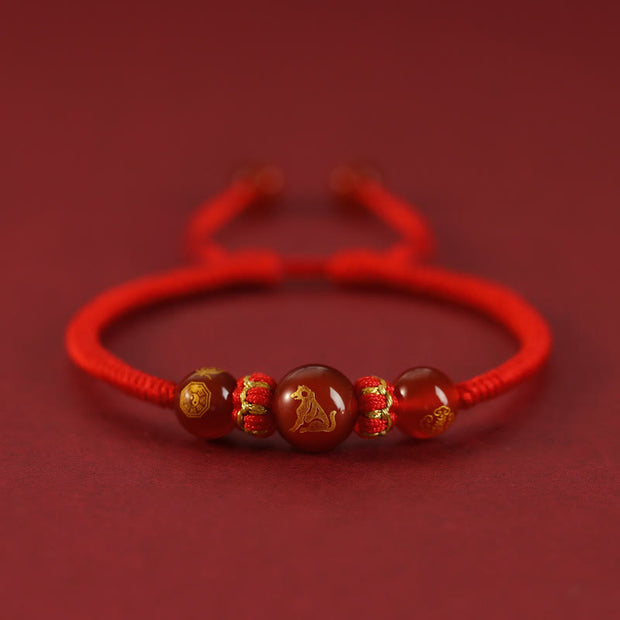 Buddha Stones Handmade Red Agate Chinese Zodiac Red String Braided Protection Bracelet