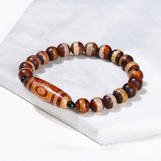 Buddha Stones Tibetan Nine-eye Dzi Bead Natural Sandalwood White Cat's Eye Agate Power Protection Bracelet Bracelet BS Brown One line Agate(Wrist Circumference: 16-18cm)