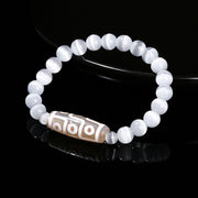 Buddha Stones Tibetan Nine-eye Dzi Bead Natural Sandalwood White Cat's Eye Agate Power Protection Bracelet