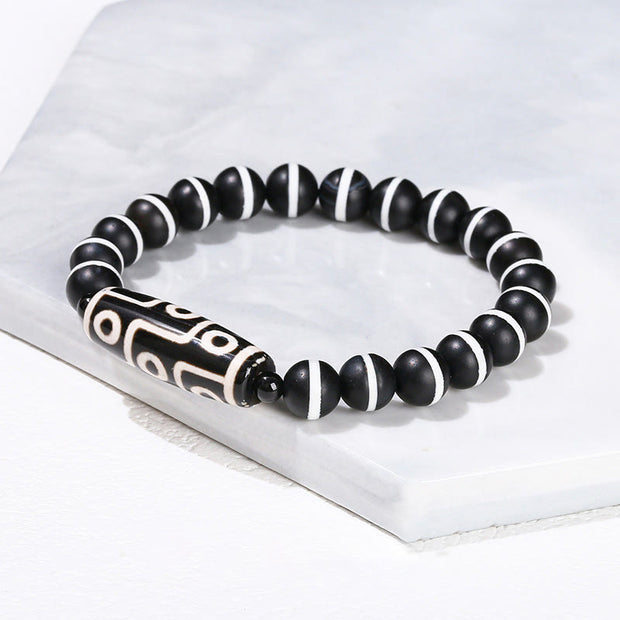 Buddha Stones Tibetan Nine-eye Dzi Bead Natural Sandalwood White Cat's Eye Agate Power Protection Bracelet Bracelet BS Black One line Agate(Wrist Circumference: 16-18cm)