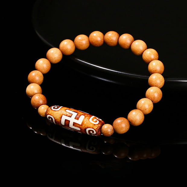 Buddha Stones Tibetan Nine-eye Dzi Bead Natural Sandalwood White Cat's Eye Agate Power Protection Bracelet Bracelet BS Sandalwood(Wrist Circumference: 16-18cm)