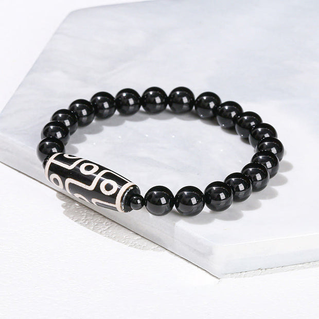 Buddha Stones Tibetan Nine-eye Dzi Bead Natural Sandalwood White Cat's Eye Agate Power Protection Bracelet Bracelet BS Black Onyx(Wrist Circumference: 16-18cm)