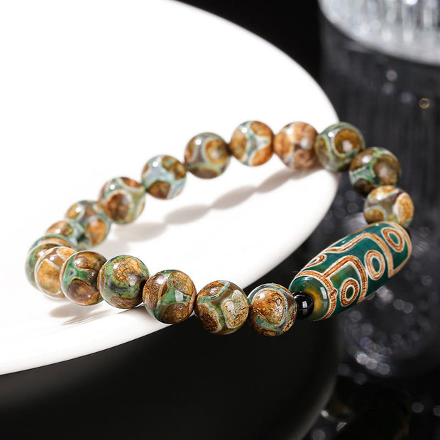 Buddha Stones Tibetan Nine-eye Dzi Bead Natural Sandalwood White Cat's Eye Agate Power Protection Bracelet Bracelet BS 11