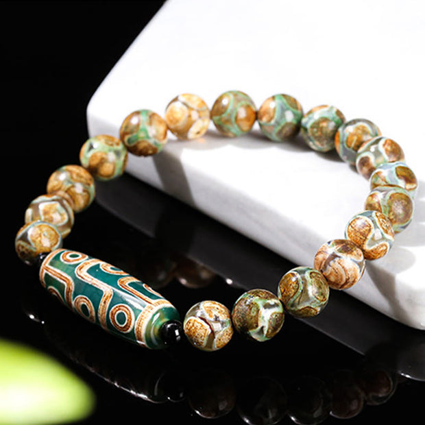 Buddha Stones Tibetan Nine-eye Dzi Bead Natural Sandalwood White Cat's Eye Agate Power Protection Bracelet Bracelet BS 1