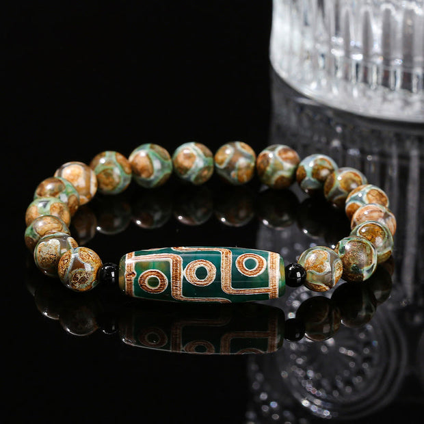 Buddha Stones Tibetan Nine-eye Dzi Bead Natural Sandalwood White Cat's Eye Agate Power Protection Bracelet Bracelet BS 10