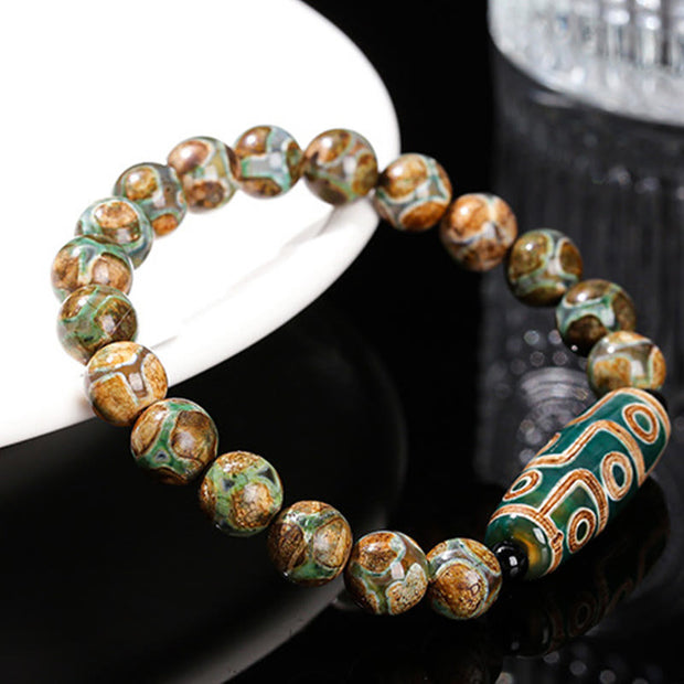 Buddha Stones Tibetan Nine-eye Dzi Bead Natural Sandalwood White Cat's Eye Agate Power Protection Bracelet Bracelet BS 3