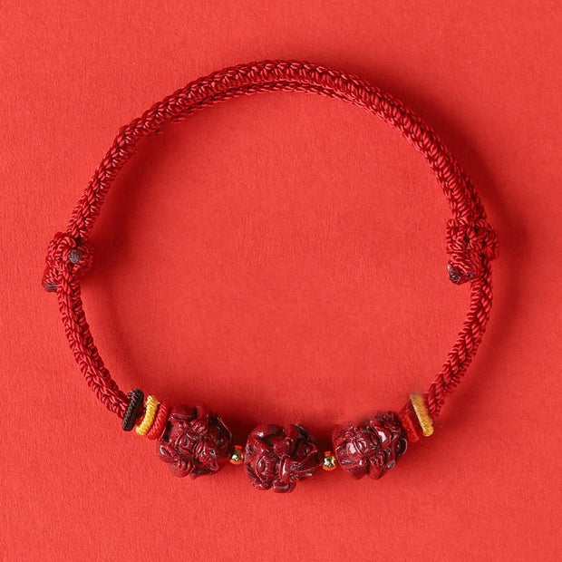 Buddha Stones Handmade Red String Cinnabar Chinese Zodiac Braided Blessing Bracelet Bracelet BS Cinnabar DarkRed String-Tiger Horse Dog