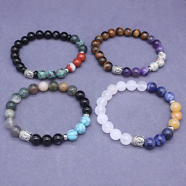 FREE Today: Fortune Protection Natural Black Onyx White Stone Green Aventurine Tiger Eye Agate Mixed Color Buddha Head Bracelet