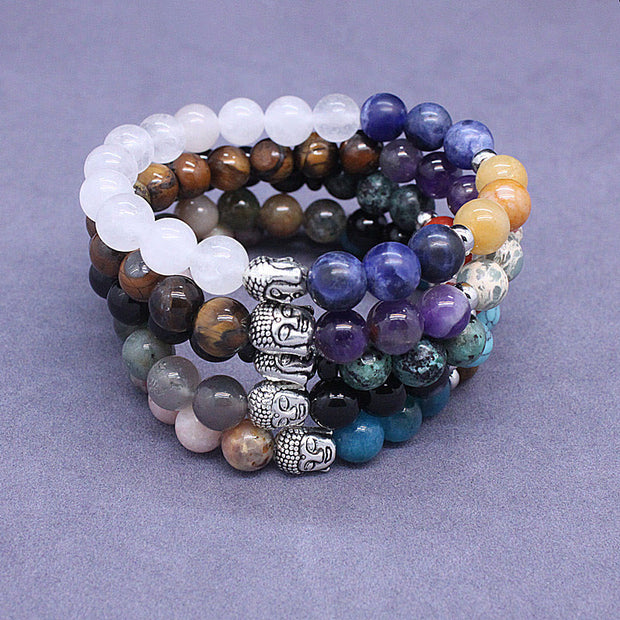 FREE Today: Fortune Protection Natural Black Onyx White Stone Green Aventurine Tiger Eye Agate Mixed Color Buddha Head Bracelet