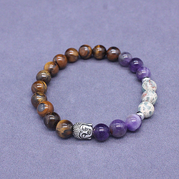 FREE Today: Fortune Protection Natural Black Onyx White Stone Green Aventurine Tiger Eye Agate Mixed Color Buddha Head Bracelet