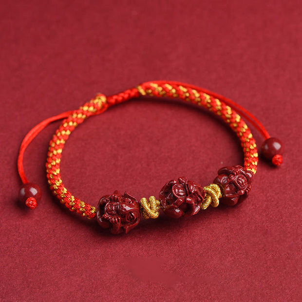 Buddha Stones Handmade Cinnabar Chinese Zodiac Red String Braided Luck Bracelet Bracelet BS Cinnabar Red String-Tiger Horse Dog