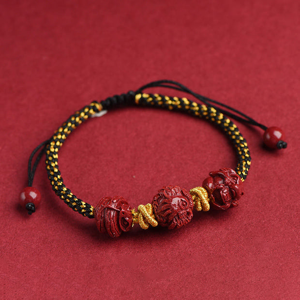 Buddha Stones Handmade Cinnabar Chinese Zodiac Red String Braided Luck Bracelet Bracelet BS Cinnabar Black String-Snake Rooster Ox