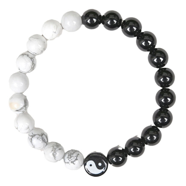 Buddha Stones Natural Obsidian White Turquoise Yinyang Tai Chi Strength Bracelet