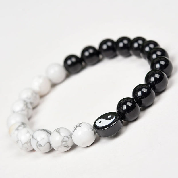 Buddha Stones Natural Obsidian White Turquoise Yinyang Tai Chi Strength Bracelet