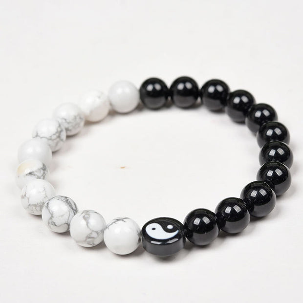 Buddha Stones Natural Obsidian White Turquoise Yinyang Tai Chi Strength Bracelet