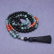 Buddha Stones 108 Mala Natural Black Onyx Red Turquoise Beads Buddha Headed Tassel Protection Bracelet