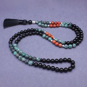 Buddha Stones 108 Mala Natural Black Onyx Red Turquoise Beads Buddha Headed Tassel Protection Bracelet