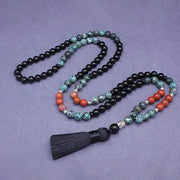 Buddha Stones 108 Mala Natural Black Onyx Red Turquoise Beads Buddha Headed Tassel Protection Bracelet