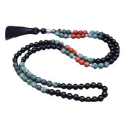 Buddha Stones 108 Mala Natural Black Onyx Red Turquoise Beads Buddha Headed Tassel Protection Bracelet