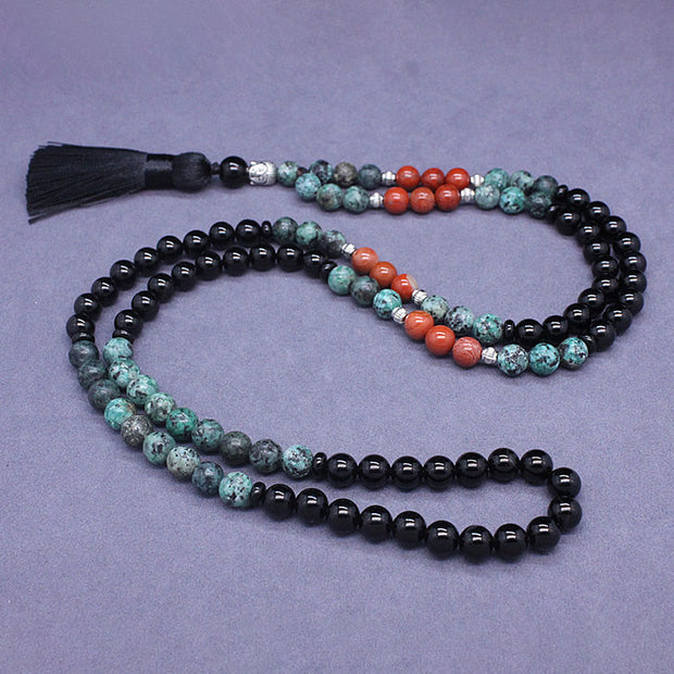 Buddha Stones 108 Mala Natural Black Onyx Red Turquoise Beads Buddha Headed Tassel Protection Bracelet