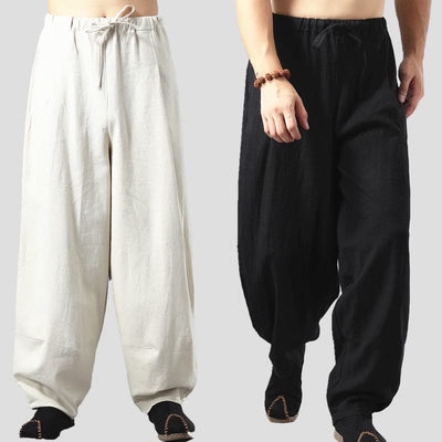 Buddha Stones Casual Solid Color Drawstring Cotton Linen Men's Pants With Pockets