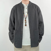 Buddha Stones Casual Solid Color Ramie Linen Cotton Men's Shirt With Pockets Men's Shirts BS 1