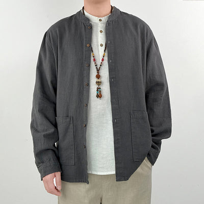 Buddha Stones Casual Solid Color Ramie Linen Cotton Men's Shirt With Pockets