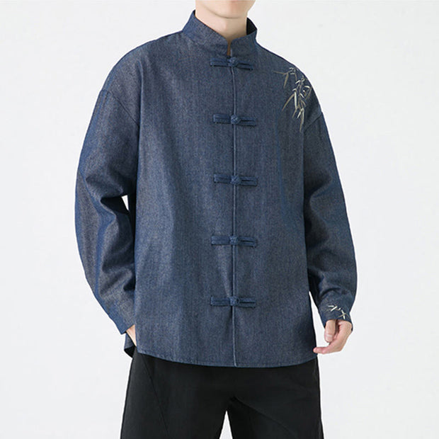 Buddha Stones Bamboo Leaves Design Frog-button Tang Suit Cotton Men's Jacket Shirt Men's Jacket Shirt BS 2