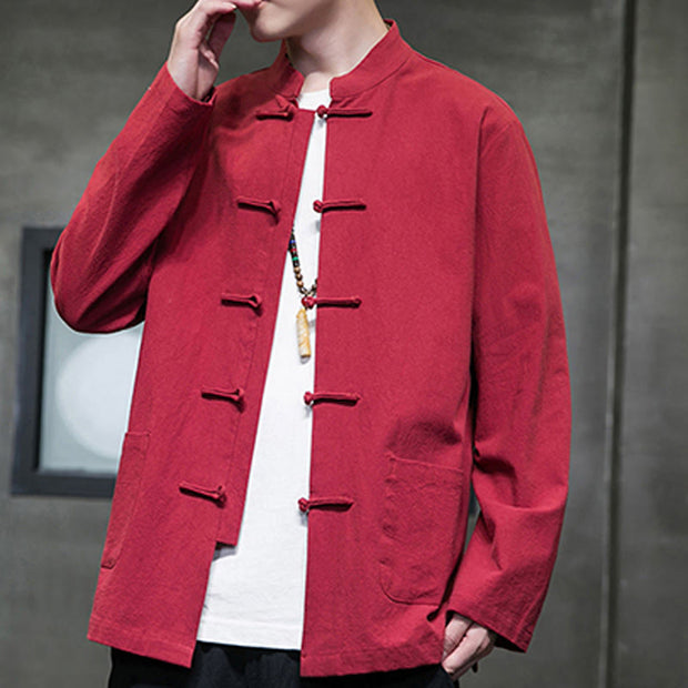 Buddha Stones Solid Color Frog-button Tang Suit Cotton Linen Men's Jacket Shirt With Pockets - image 38