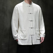 Buddha Stones Casual Plain Color Frog-button Linen Men's Jacket Shirt With Pockets Men's Jacket Shirt BS 17